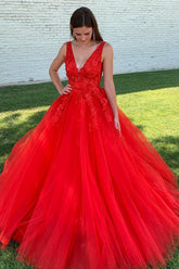 A-Line V-Neck Long Prom Dress With Appliques