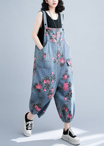 Bohemian Light Blue Oversized Print Pockets Denim Jumpsuits Summer Bohemian Light Blue Oversized Print Pockets Denim Jumpsuits Summer