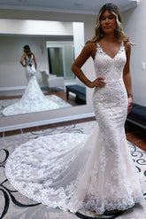 Bmbridal V-Neck Wedding Dress Mermaid Lace Sleeveless