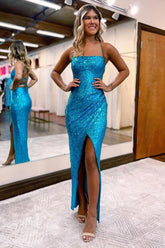 Sheath Spaghetti Straps Blue Sequins Long Prom Dress with Split Front