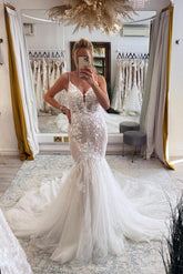 Bmbridal Spaghetti-Straps Lace Wedding Dress Mermaid Sleeveless Online