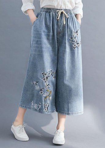 Bohemian Blue Embroideried Pockets Patchwork Denim Wide Leg Pants Summer Bohemian Blue Embroideried Pockets Patchwork Denim Wide Leg Pants Summer