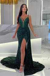 Bmbridal Dark Green Sequins Evening Dress Mermaid With Split Sleeveless