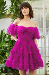 Unique A Line Off the Shoulder Fuchsia Tulle Corset Homecoming Dress