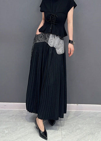 Black Pockets Patchwork Cotton Pants Skirt Wrinkled Summer Black Pockets Patchwork Cotton Pants Skirt Wrinkled Summer