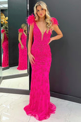 Mermaid Deep V Neck Hot Pink Long Prom Dress with Feather