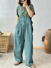 Women Summer Artsy Solid Button Pocket Stright-leg Jumpsuits