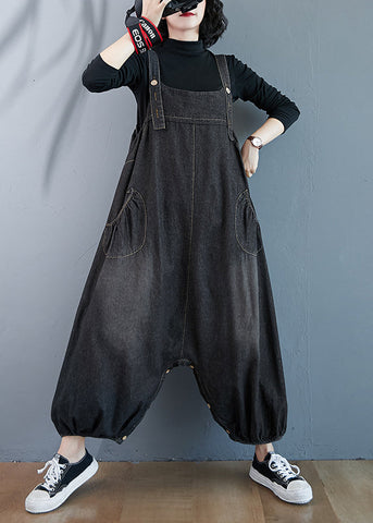 Black Wear On Both Sides Denim Jumpsuit Oversized Pockets Summer Black Wear On Both Sides Denim Jumpsuit Oversized Pockets Summer