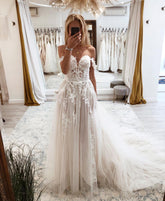 Bmbridal Off-the-Shoulder Champagne Wedding Dress Tulle With Lace Appliques
