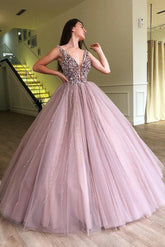 Ball Gown Sexy Deep V-Neck Wide Strap Floor Length Tulle Beadings Prom Dress
