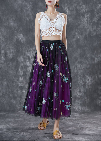 Bohemian Purple Dandelion Embroideried Wear On Both Sides Tulle Skirt Summer Bohemian Purple Dandelion Embroideried Wear On Both Sides Tulle Skirt Summer