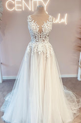 Bmbridal White Wedding Dress Appliques Sleeveless Long Tulle
