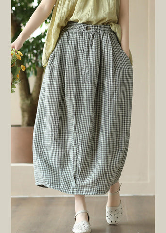 Boutique Grey Green Plaid Elastic Waist Linen Maxi Skirt Summer Boutique Grey Green Plaid Elastic Waist Linen Maxi Skirt Summer