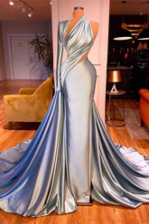 Beautiful One Shoulder Long Sleeves Prom Dresses Mermaid With Beadings