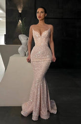 Beautiful Spaghetti-Straps Sequins Prom Dresses Mermaid Sleeveless