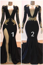 Beautiful V-Neck Long Sleeves Appliques Mermaid Floor-Length Prom Dresses