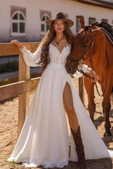 Beautiful White Long Sleeves Prom Dresses Slit Long With Lace Appliques