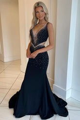 Mermaid V-Neck Beaded Jersey Prom Dress with Beading