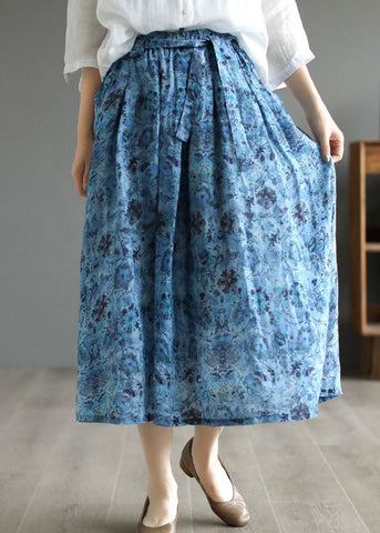 Blue Print Pockets Patchwork Linen Skirt Wrinkled Tie Waist Summer Blue Print Pockets Patchwork Linen Skirt Wrinkled Tie Waist Summer