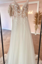 Bmbridal Lace Wedding Dress Tulle Sleeveless V-Neck Long