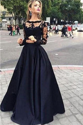 Two Piece Black Ball Gown Long Prom Dress, Long sleeves Evening Dress, Party Dresses