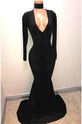 Black Lace V-Neck Party Dresses Mermaid Long-Sleeve Evening Gowns