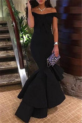 Black Off-the-Shoulder Mermaid Hi-Lo Tiered Formal Dresses