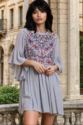 Full Size Floral Embroidered 3/4 Bell Sleeve Boho Dress