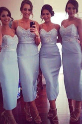 Blue Sheath Tea Length Spaghetti Straps Short Bridesmaid Dress, Wedding Party Dress