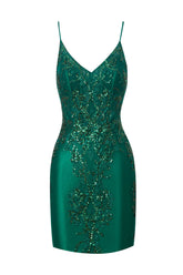 Sheath Short V Neck Satin Homecoming Dress with Appliques