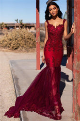 Burgundy Evening Gowns Straps Appliques Tulle Mermaid Prom Dresses
