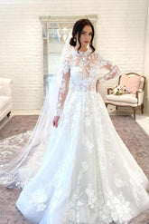 Bmbridal Long Sleeves Appliques Wedding Dress High Neck