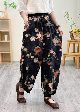 Black Print Silk Linen Lantern Pants Summer Black Print Silk Linen Lantern Pants Summer
