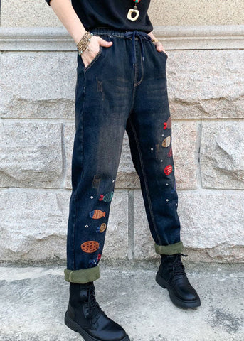 Boho Blue Embroideried elastic waist denim Pants Winter Boho Blue Embroideried elastic waist denim Pants Winter
