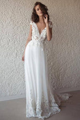 Ivory See-through Cap Sleeves Boho Wedding Dresses, Beach Wedding Dress