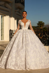 Bmbridal Long Sleeves Ball Gown Wedding Dress Lace Appliques V-Neck