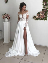 Bmbridal Long Sleeves Lace Beach Wedding Dress With Split Chiffon Bridal Gowns