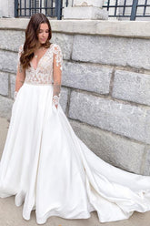 Bmbridal Long Sleeves V-Neck Wedding Dress Open Back Lace WIth Buttons