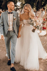 Bmbridal Off-the-Shoulder Tulle Wedding Dress Boho Lace Long