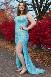 Sheath Spaghetti Straps Blue Sequins Long Prom Dress with Split Front