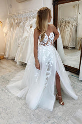 Bmbridal Sweetheart White Wedding Dress Princess Long Slit With Appliques