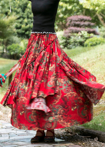 Bohemian Red Cinched Print Patchwork Exra Large Hem Cotton Skirts Fall Bohemian Red Cinched Print Patchwork Exra Large Hem Cotton Skirts Fall