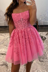 Gorgeous A Line Strapless Pink Corset Homecoming Dress with Appliques
