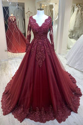 Bmbridal Burgundy Long Sleeves Lace Evening Dress With Appliques