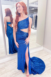 One Shoulder Sequins Prom Dress with Slit