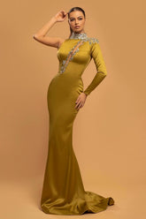 BMbridal Long Sleeves High Neck Evening Dress Mermaid One Shoulder With Crystal