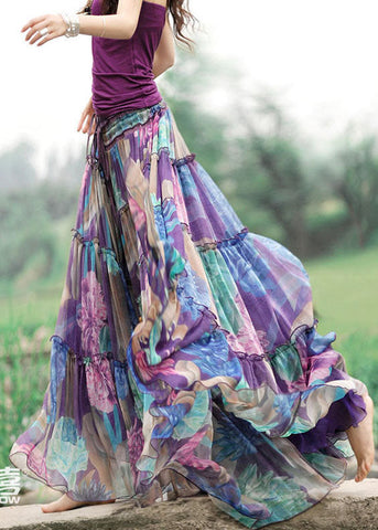 Bohemian Purple Drawstring Wrinkled Patchwork Print Chiffon Skirt Summer Bohemian Purple Drawstring Wrinkled Patchwork Print Chiffon Skirt Summer