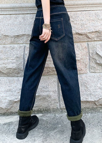 Boho Blue Embroideried elastic waist denim Pants Winter Boho Blue Embroideried elastic waist denim Pants Winter