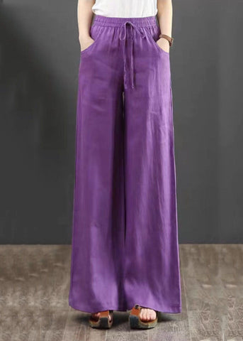 Boho Purple Pockets Elastic Waist Cotton Wide Leg Pants Summer Boho Purple Pockets Elastic Waist Cotton Wide Leg Pants Summer