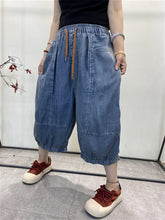 Women Summer Vintage Pocket Drawstring Solid Denim Pants